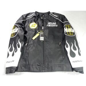 Refinery Republic Racer Jacket Faux Leather Lined Small Black Flame New NWT